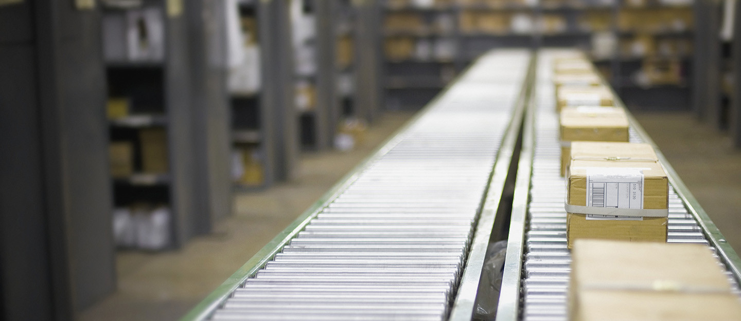 Packages on a conveyor belt.